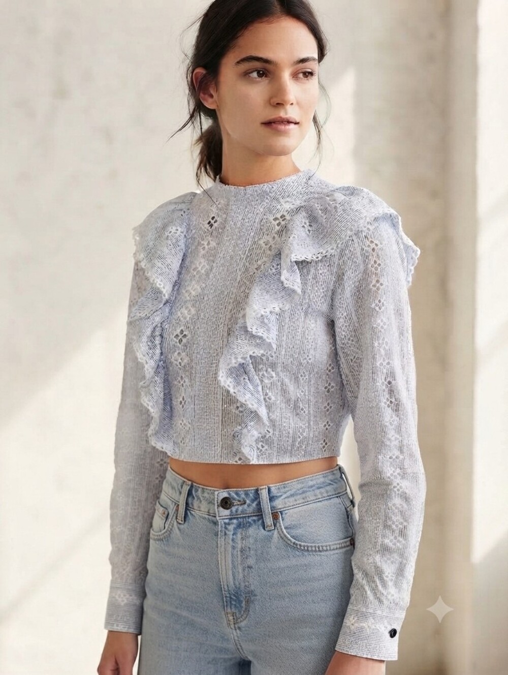 Lace Ruffle Long-Sleeve Top - Light Gray